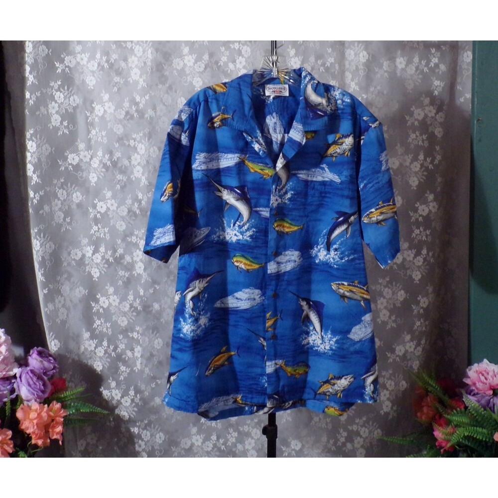Vintage Hawaiian Shirt Size XL Cotton Retro Tropical Island Fishing Boating